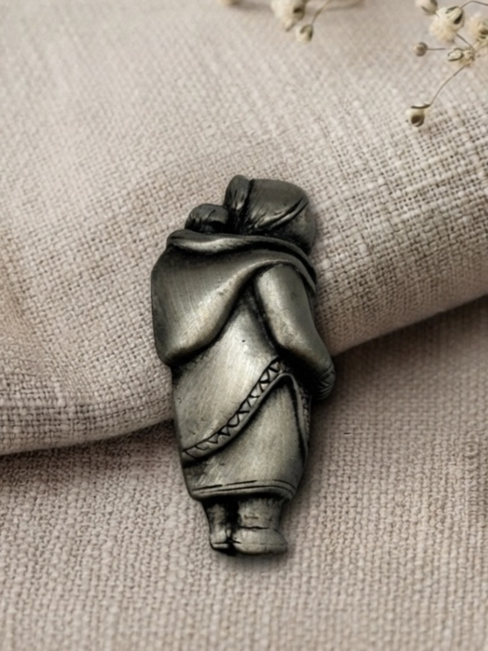 Vintage FAF/Caron Signed Inuit Mother & Child Pewter Brooch